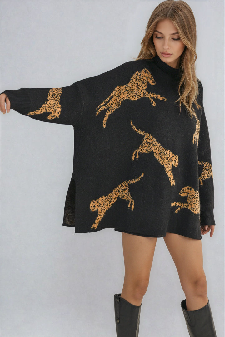 Black Tatianna Sweater on model — front view with bold leopard knit graphic