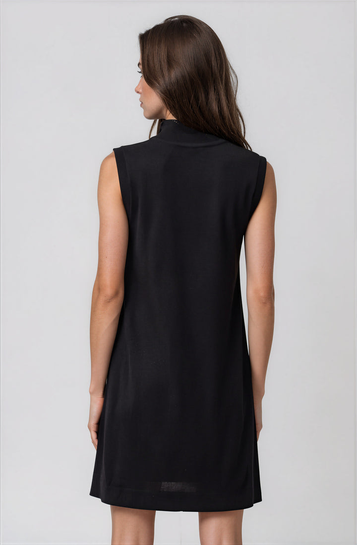 Back view black straight fit sweater dress on model