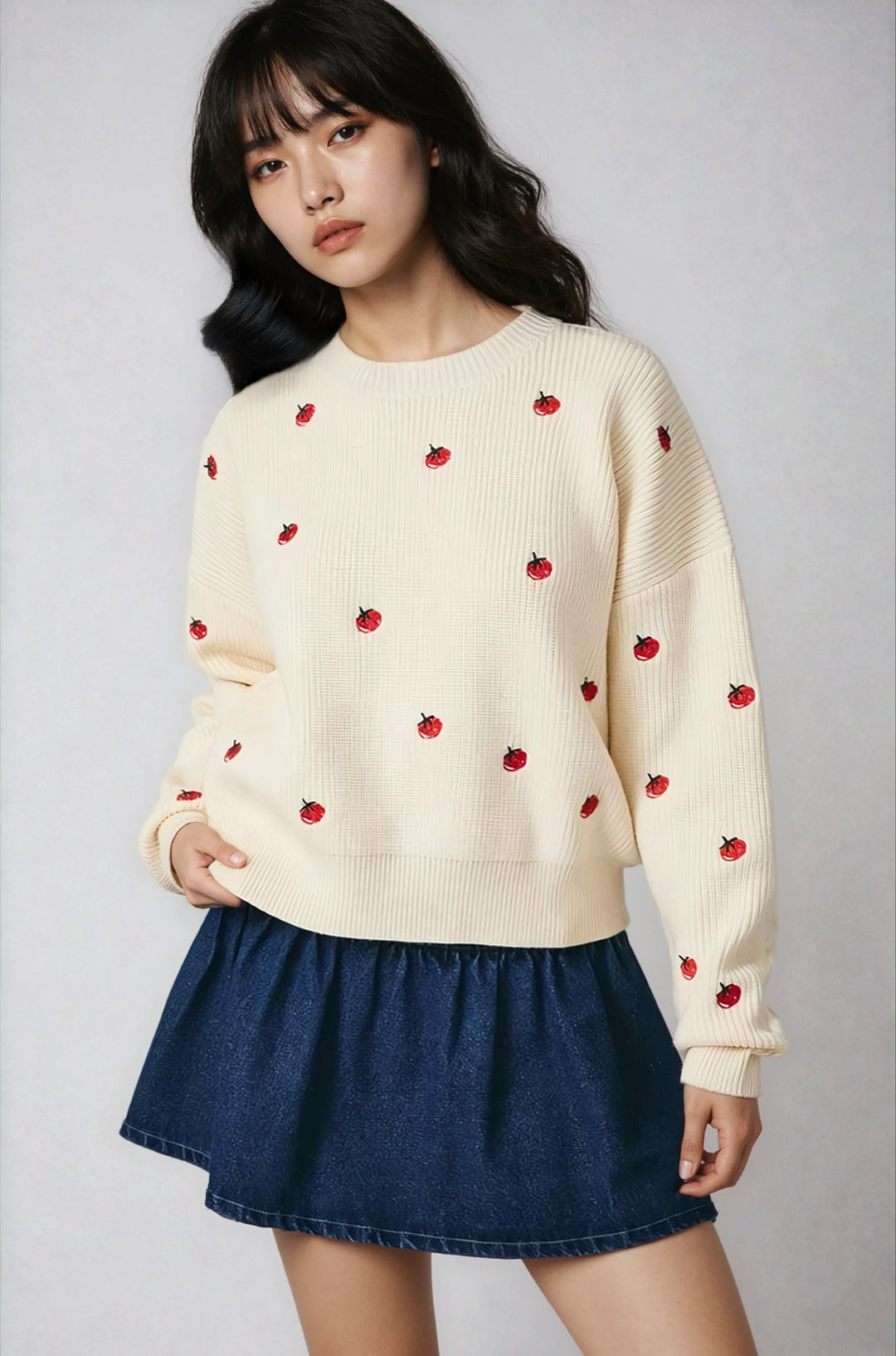 Front view cream tomato embroidered sweater on model