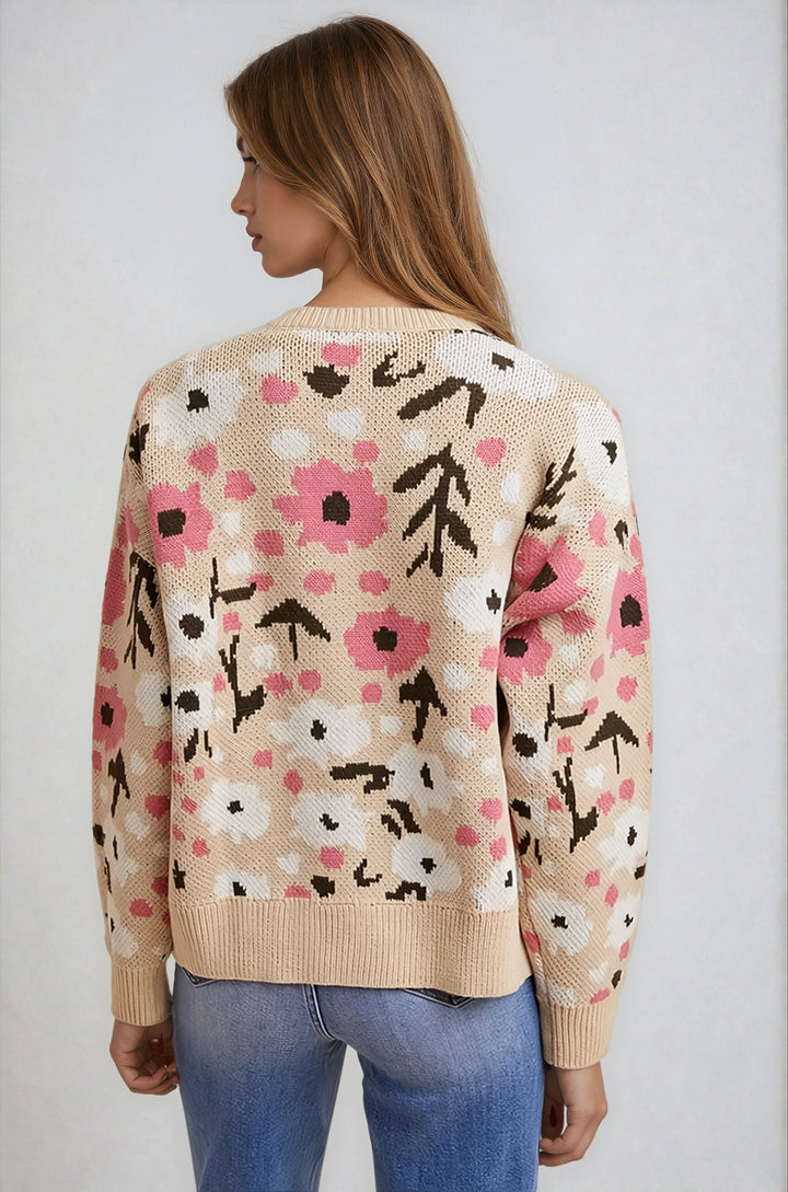 Back view beige floral knit cardigan on model