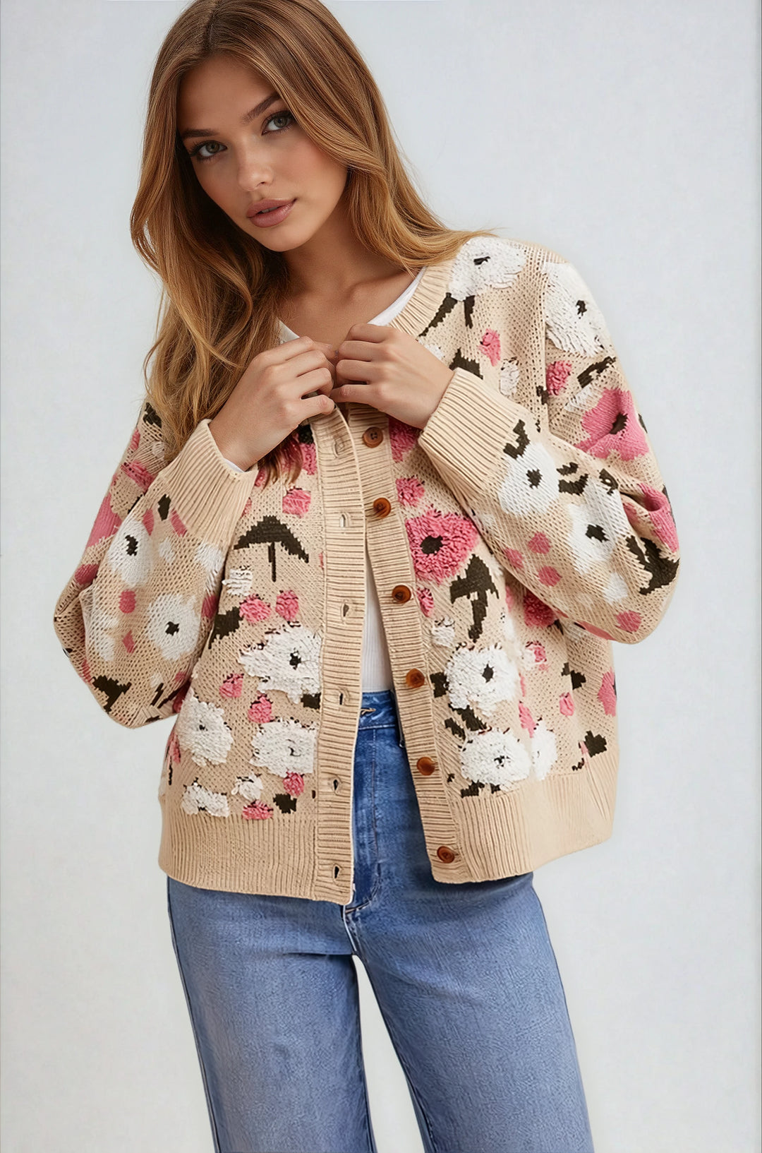 Beige floral boucle knit cardigan on model with denim