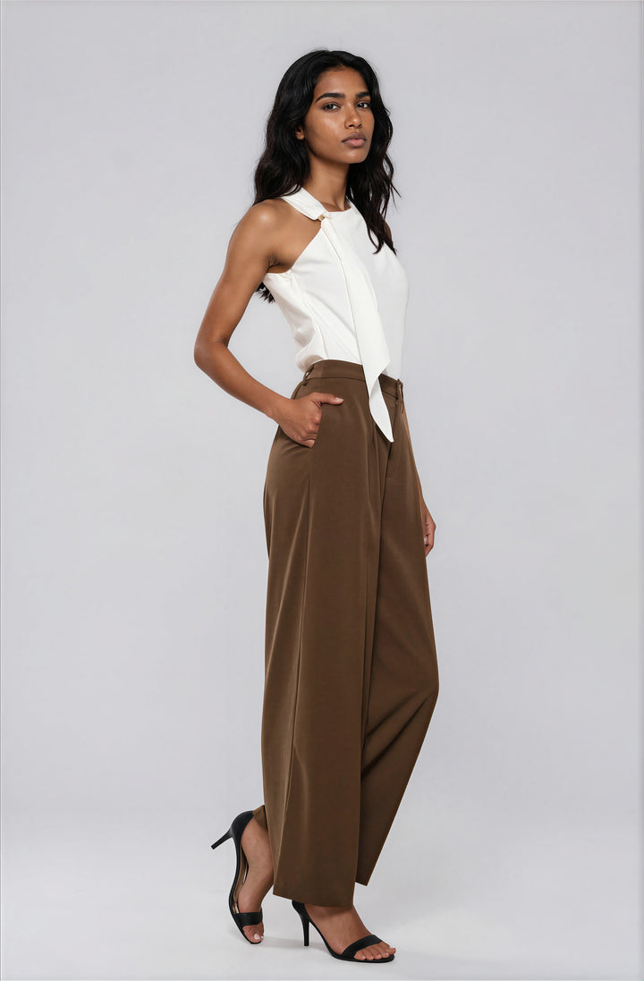 Side view ivory asymmetric draped blouse on model
