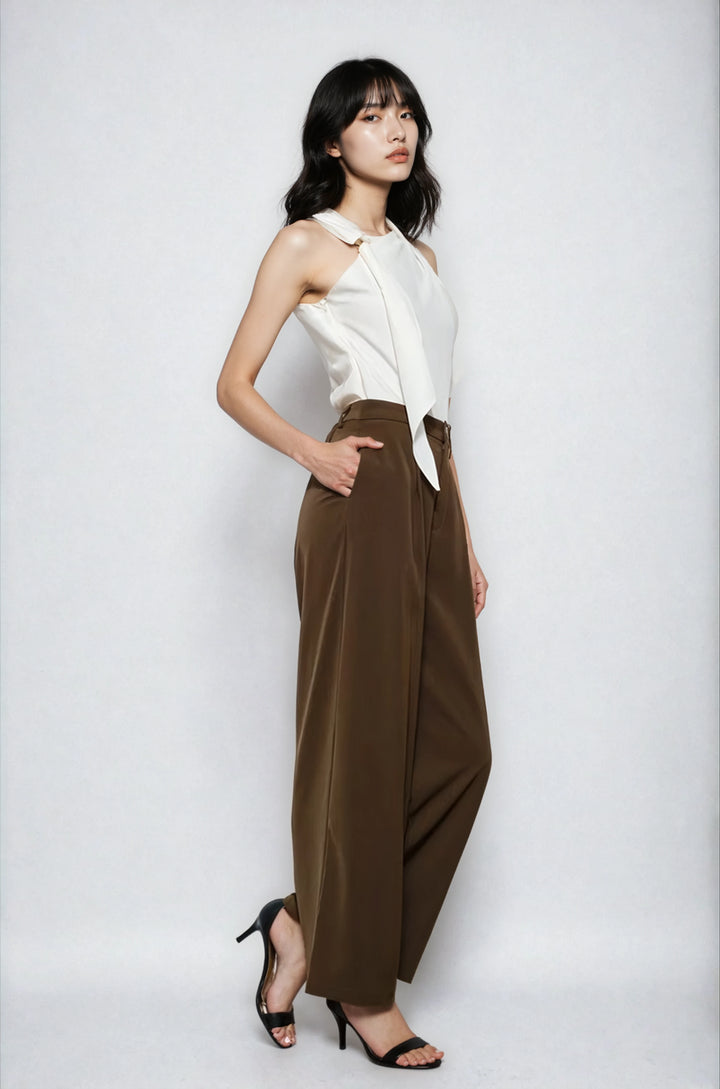 Side view ivory asymmetric draped blouse on model