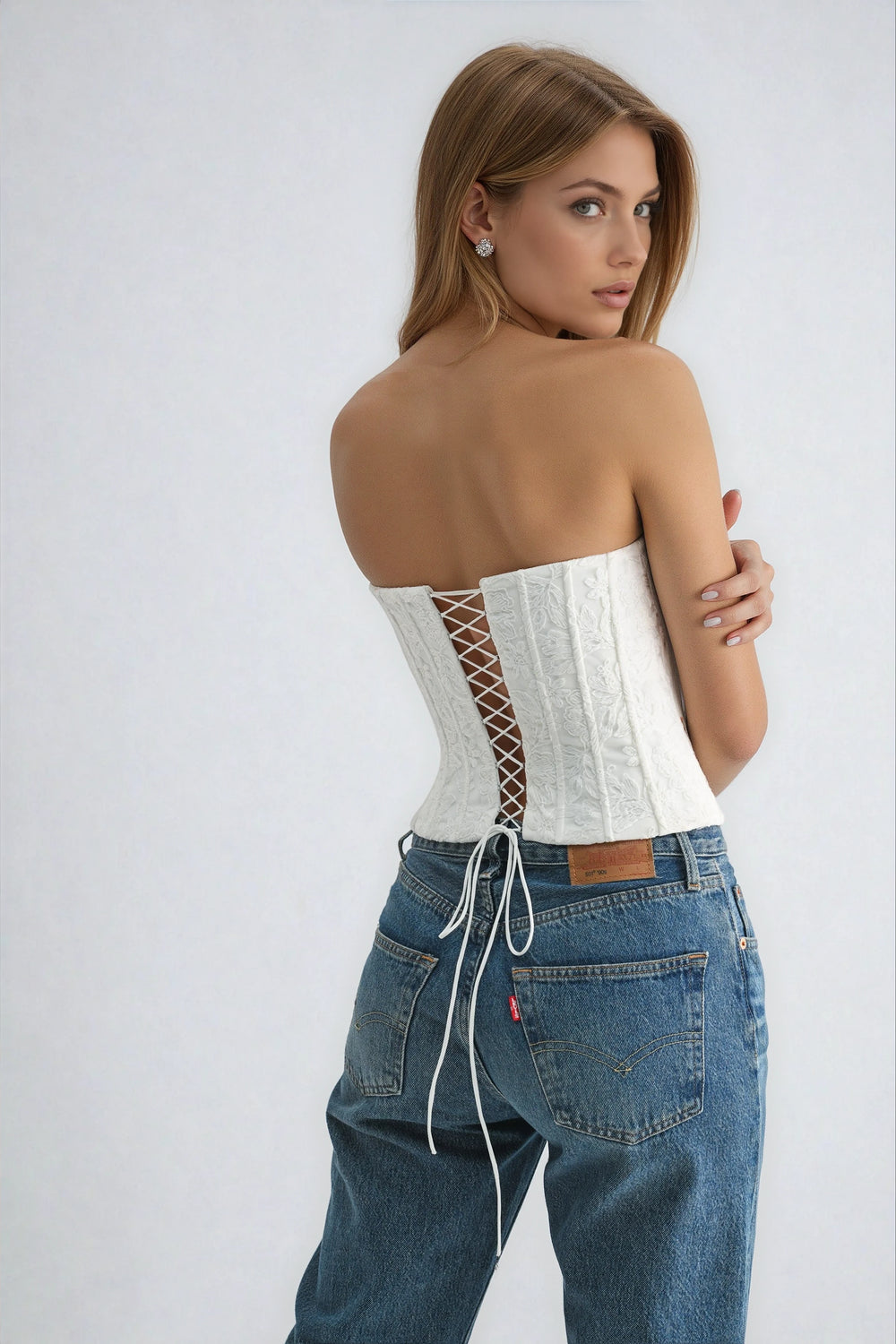 white vera top back view lace up corset with embroidery